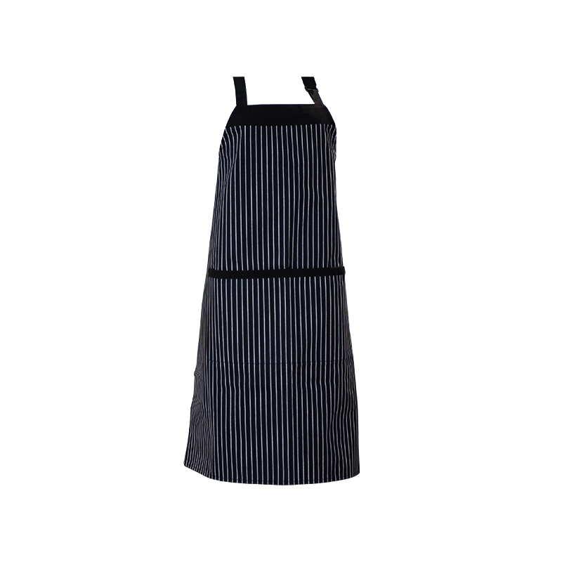 Černobílý pruhovaný polyester/bavlněný krk zástěra s kapsami a nastavitelnými knoflíky