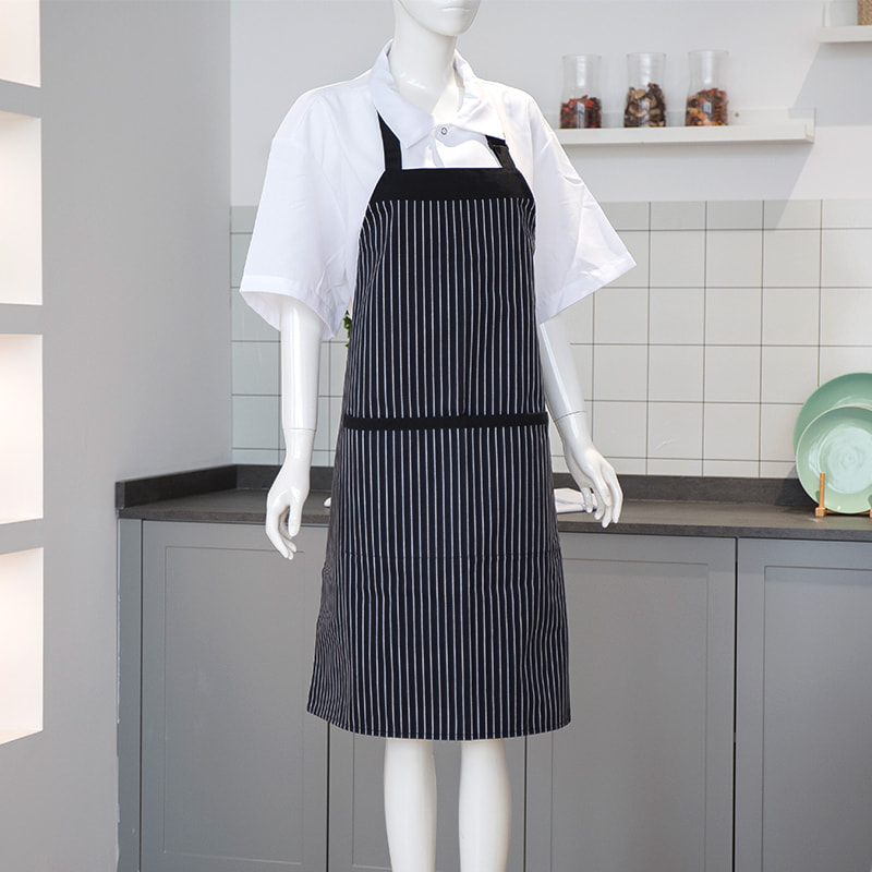 Černobílý pruhovaný polyester/bavlněný krk zástěra s kapsami a nastavitelnými knoflíky