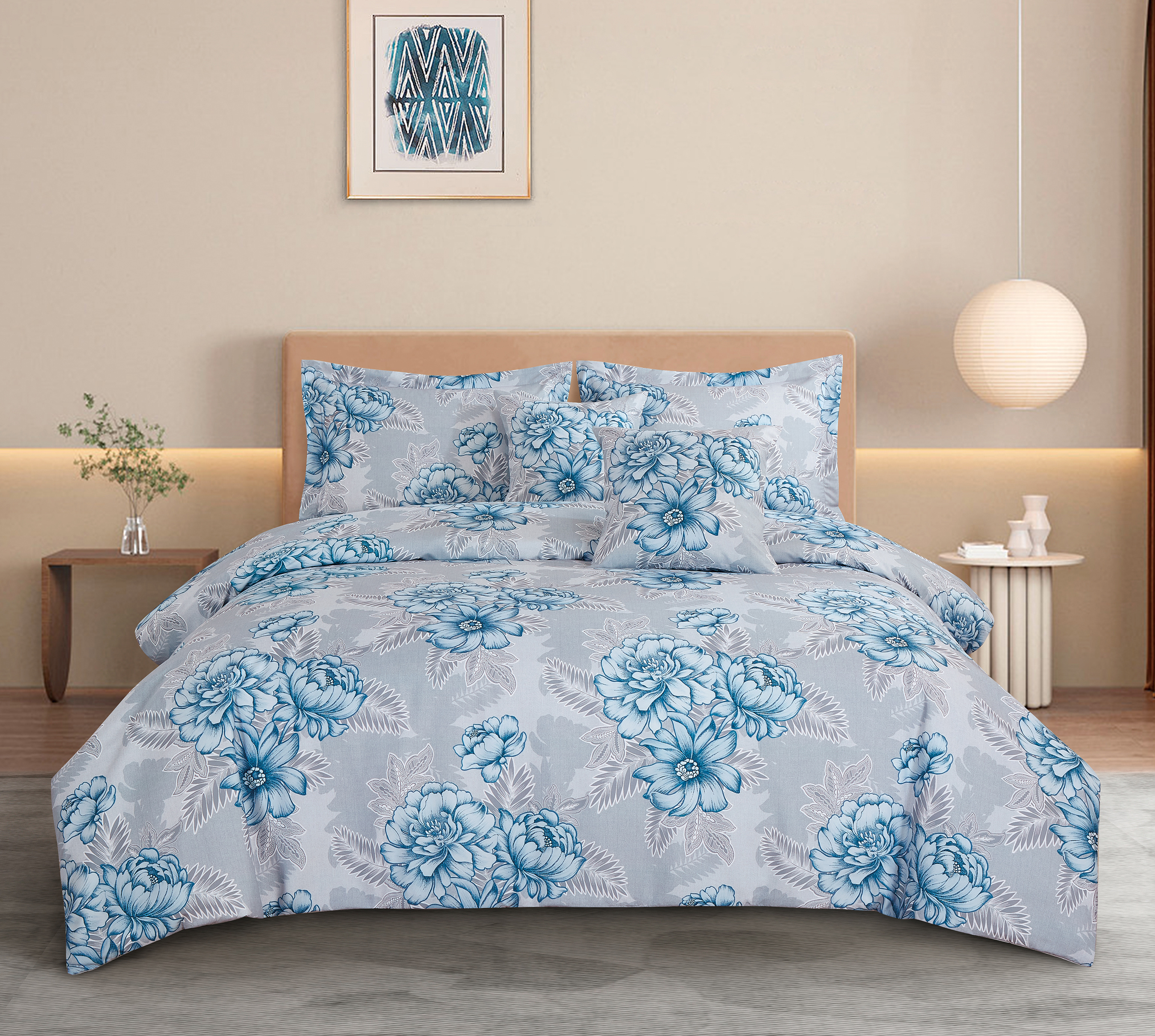 Big Blue Blue Pivony Printing Bedding Set